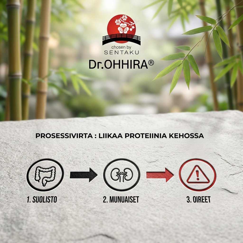 Kuva esittää prosessikaavion liiallisen proteiinin vaikutuksista suolistoon, munuaisiin ja oireisiin.