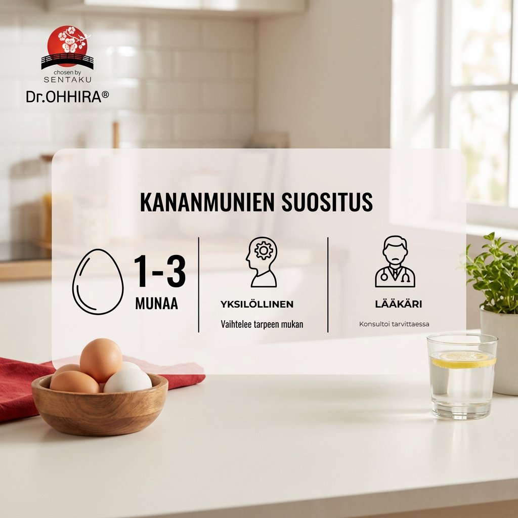 Kuva kananmunien syöntisuosituksesta: 1-3 munaa, yksilöllisesti tai lääkärin ohjeen mukaan.