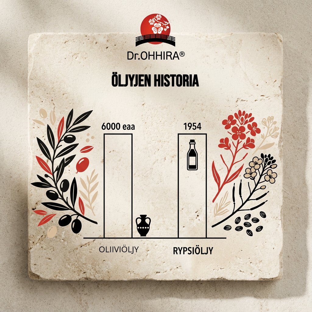 Kuva Dr.OHHIRA®:n öljyjen historiasta. Vertailee oliiviöljyä (6000 eaa) ja rypsiöljyä (1954).