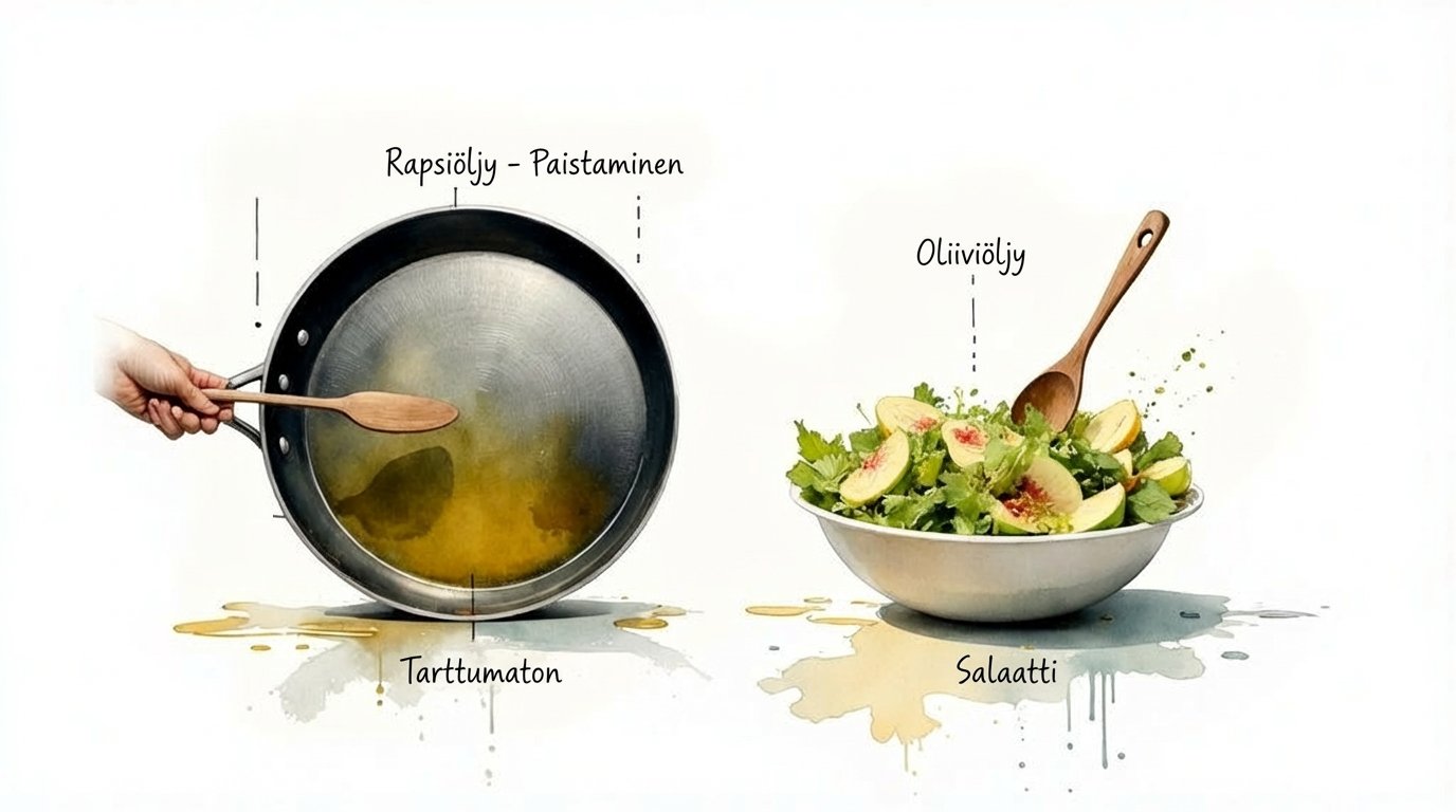 Kuvassa rypsiöljy pannulla paistamiseen ja oliiviöljy salaatin kanssa.