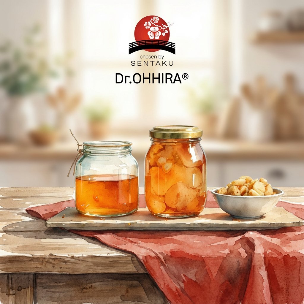 Kaks purki ja kauss puuviljade või köögiviljadega puidust laual. Üleval Sentaku Dr. Ohhira® logo.