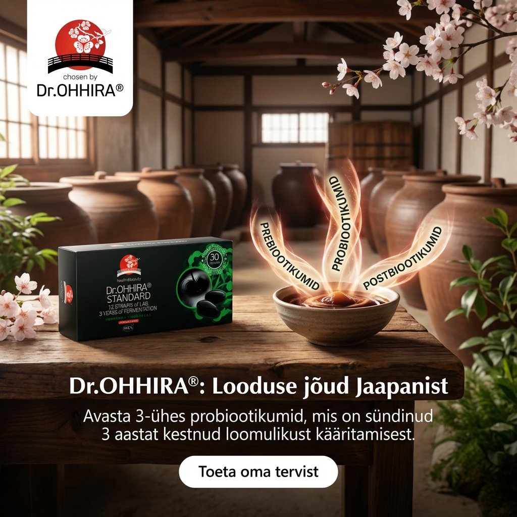 Dr.OHHIRA® probiootikumide pakend koos kääritatud ainega Jaapani traditsioonilises keskkonnas.