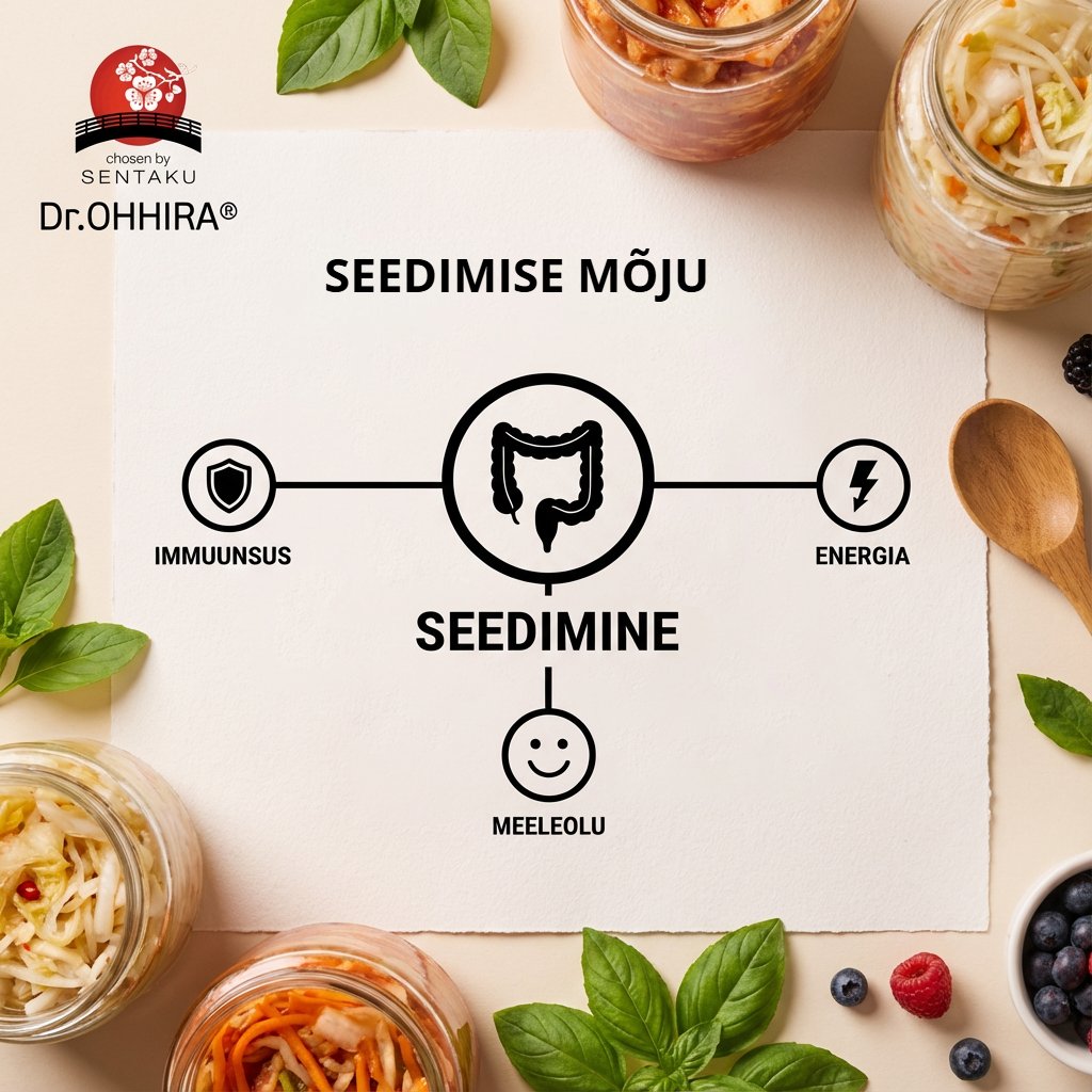 Diagramm seedimise mõjust immuunsusele, energiale ja meeleolule, ümbritsetud kääritatud toidu ja marjadega.