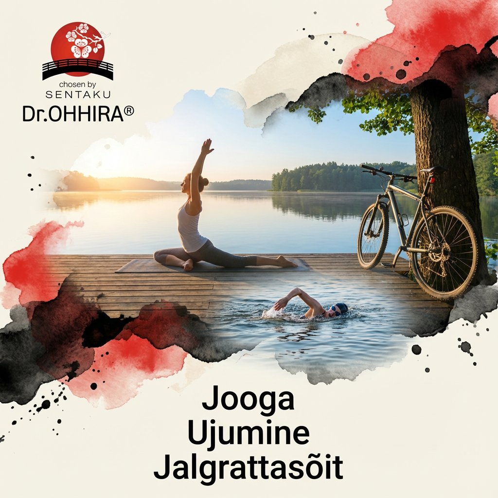 Naine teeb joogat järve ääres päikesetõusul, ujuja vees ja jalgratas puu kõrval. Aktiivne eluviis.