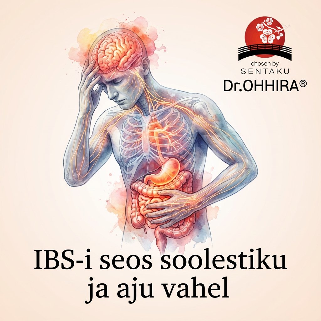 Illustratsioon kujutab aju ja soolestiku seost IBS-i kontekstis, näidates inimest hoidmas pead ja kõhtu.