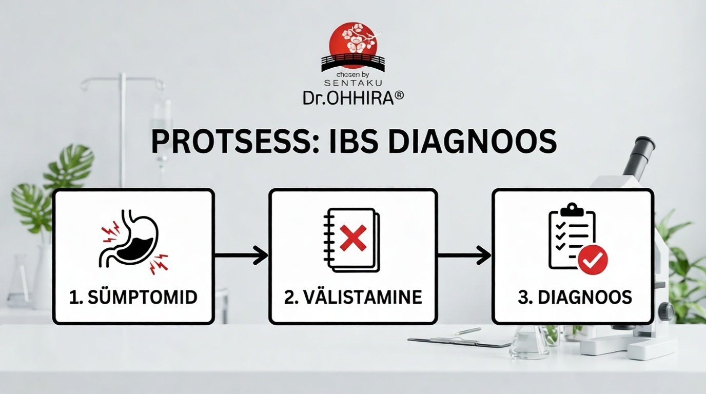 Infograafika, mis kujutab kolmeastmelist protsessi IBS-i diagnoosimiseks: sümptomid, välistamine ja diagnoos.