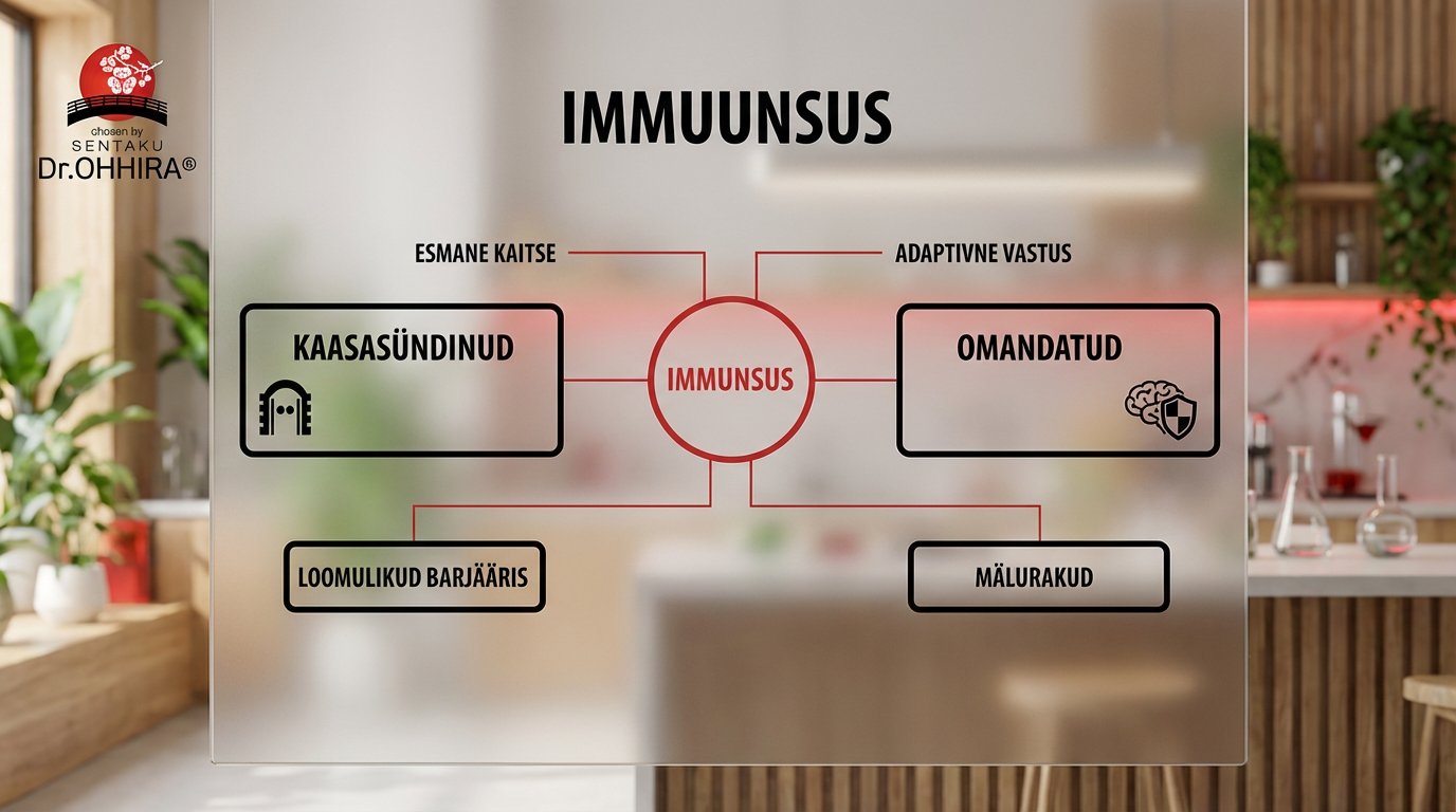Detailne skeem immuunsussüsteemist, jagunedes esmaseks kaitseks ja adaptiivseks vastuseks.