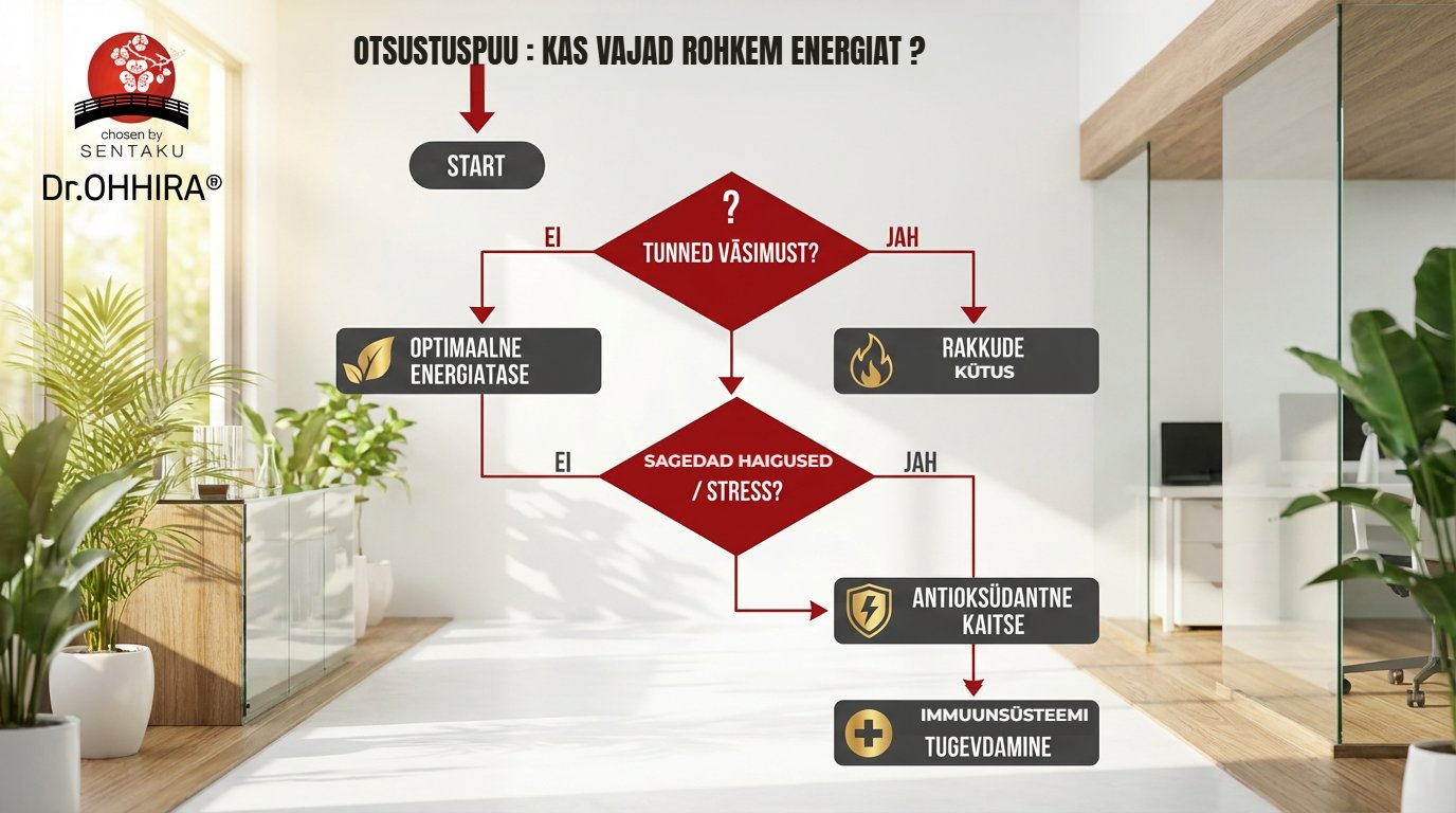 Infograafik/vooskeem energiataseme ja heaolu kohta, pealkirjaga 'Kas vajad rohkem energiat?'.