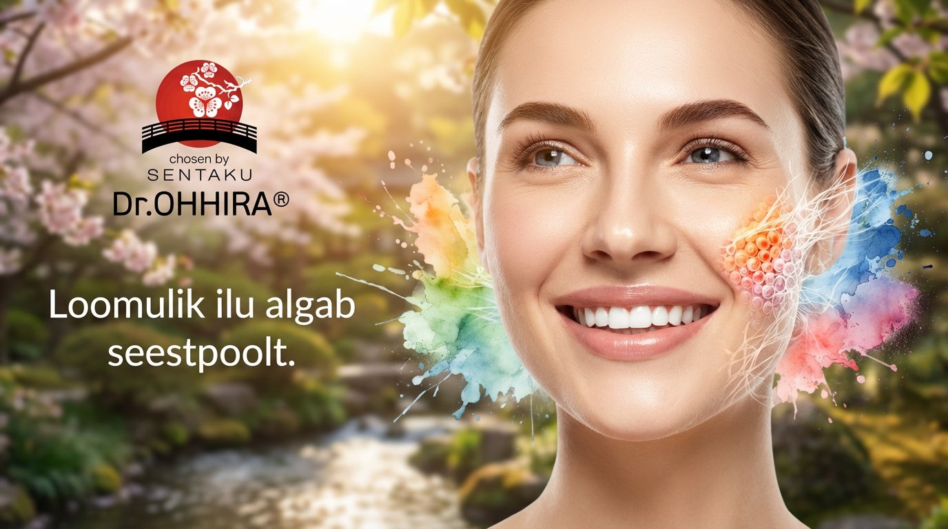 Naine naeratava näoga, logo "Dr.OHHIRA" ja tekst "Loomulik ilu algab seestpoolt" Jaapani aia taustal.