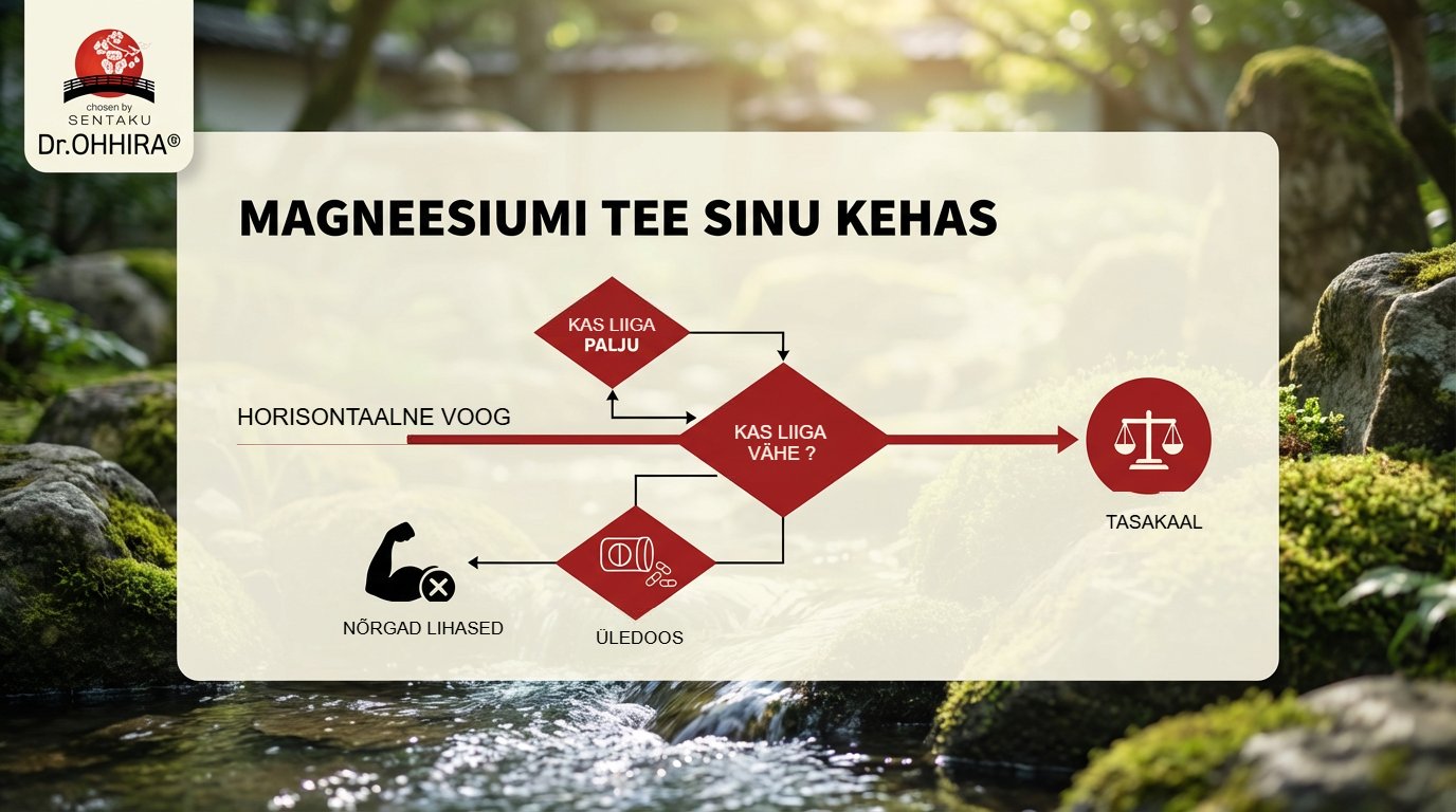 Infograafik magneesiumi tasakaalust kehas, näidates liiga palju, liiga vähe ja tasakaalu seisundeid.