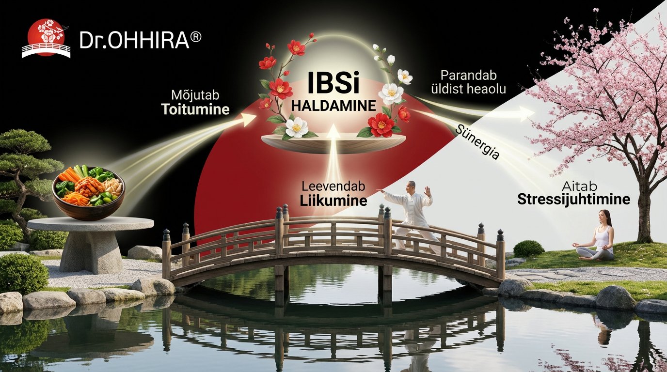 Skeem ärritunud soole sündroomi (IBS) haldamise kohta Jaapani aia taustal.