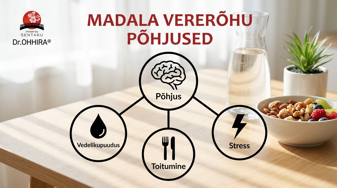 Diagramm, mis selgitab madala vererõhu põhjuseid: vedelikupuudus, toitumine ja stress. Laual on vesi ja tervislikud suupisted.