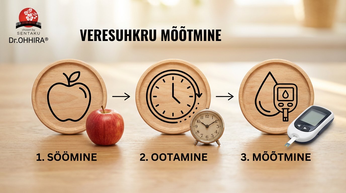 Pilt illustreerib veresuhkru mõõtmise protsessi: söömine, ootamine ja mõõtmine.
