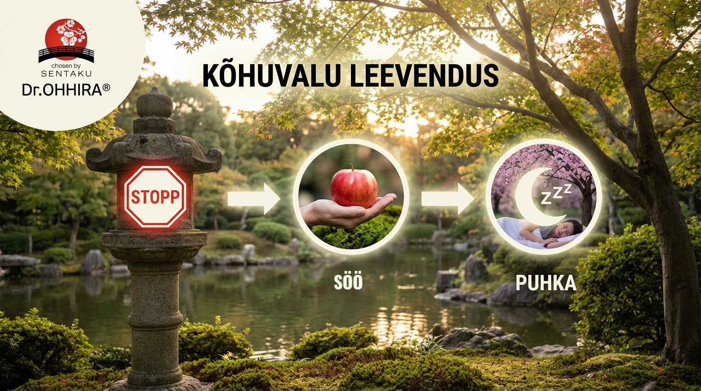 Pilt näitab kõhuvalu leevendamise teekonda: peata valu, söö õuna ja puhka.