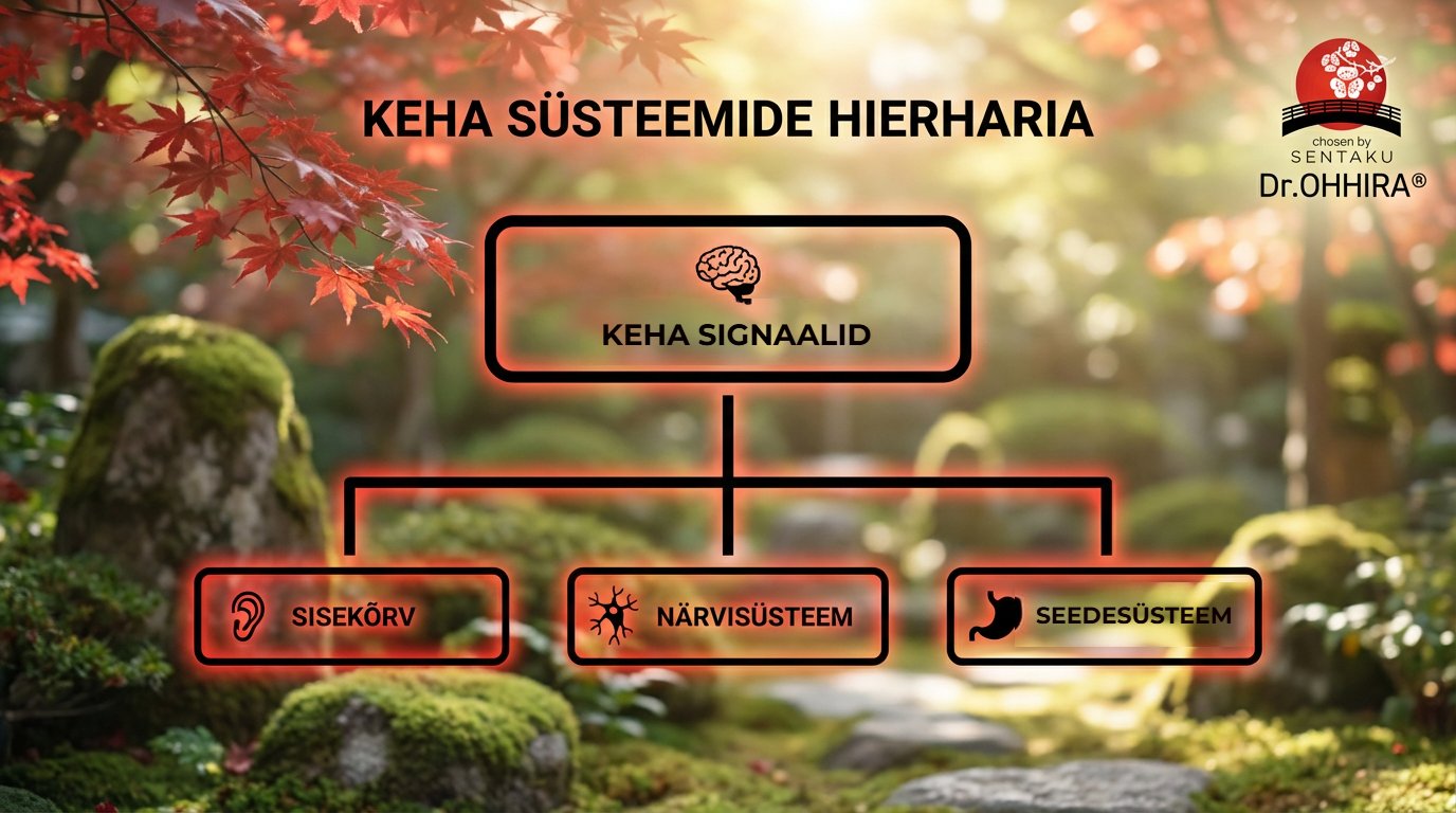 Diagramm keha süsteemide hierarhiast, mis näitab seoseid keha signaalide, sisekõrva, närvisüsteemi ja seedesüsteemi vahel.