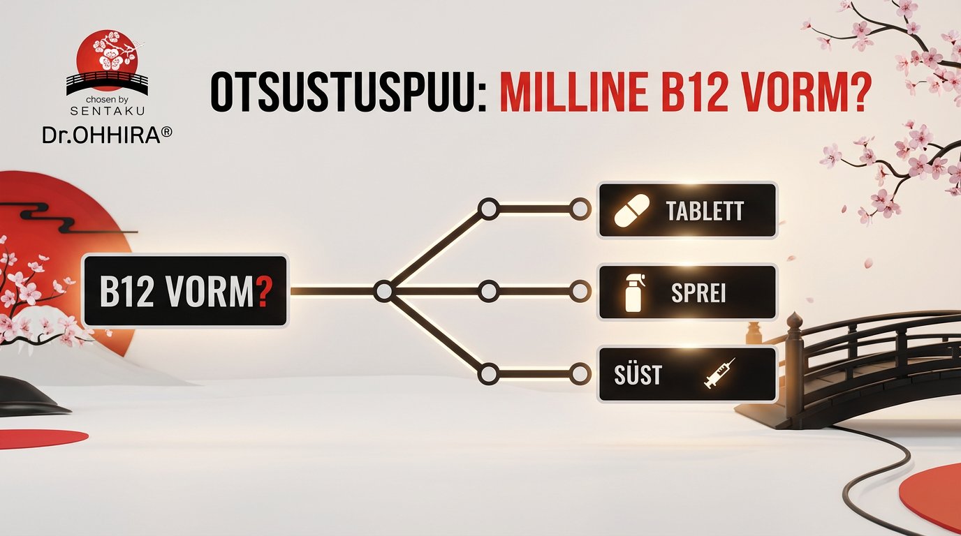 Pildil on otsustuspuu, mis aitab valida sobiva B12-vitamiini manustamisvormi: tablett, sprei või süst.