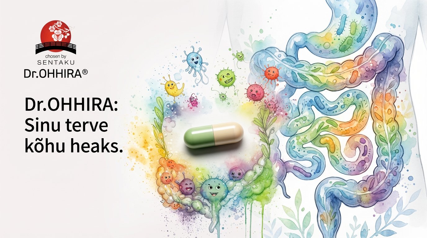 Pilt näitab Dr.OHHIRA probiootikumi kapslit ja värvilist seedesüsteemi koos sõbralike bakteritega, mis edendavad kõhu tervist.