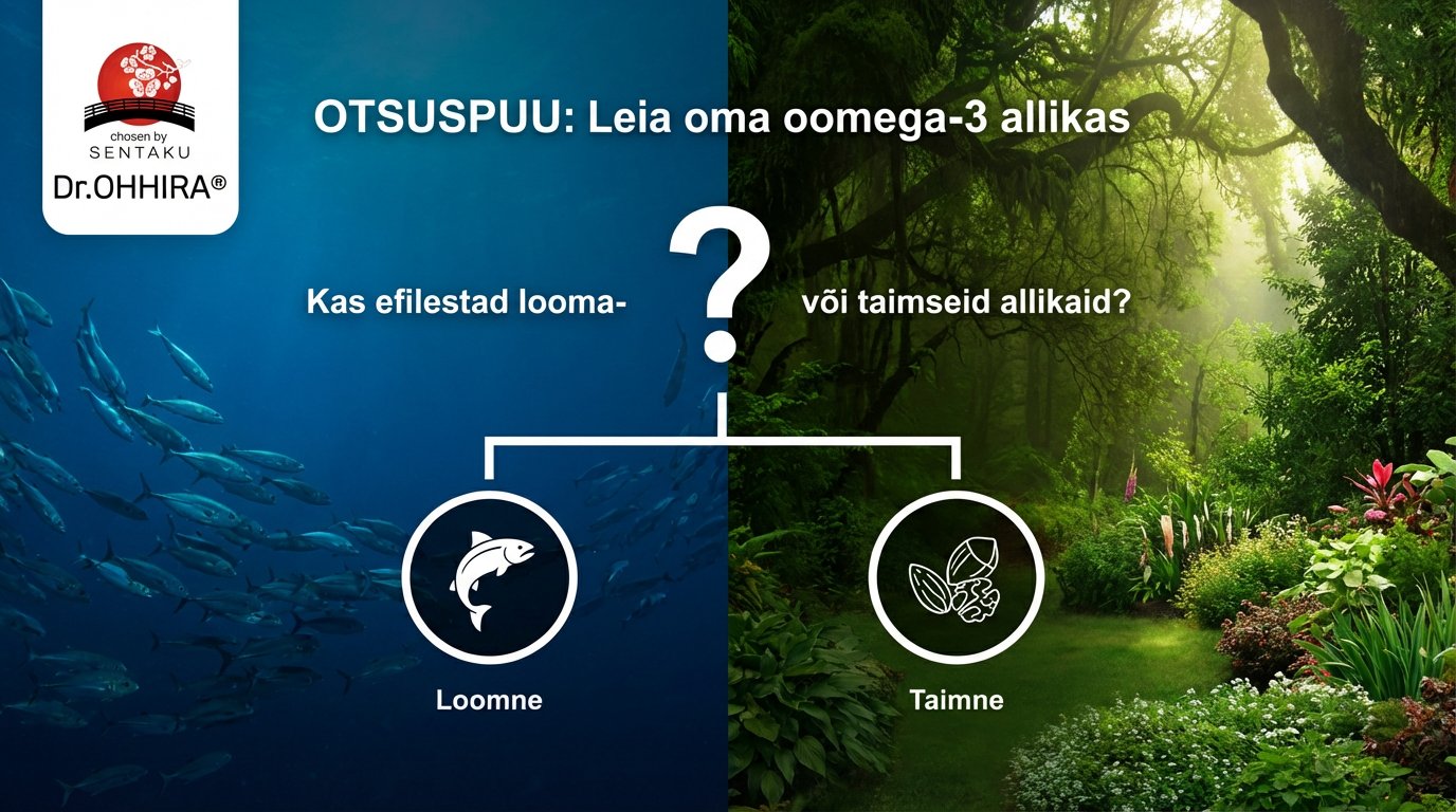 Pildil on otsustuspuu, mis aitab valida oomega-3 allikat: loomset (kalad) või taimset (taimed, pähklid).