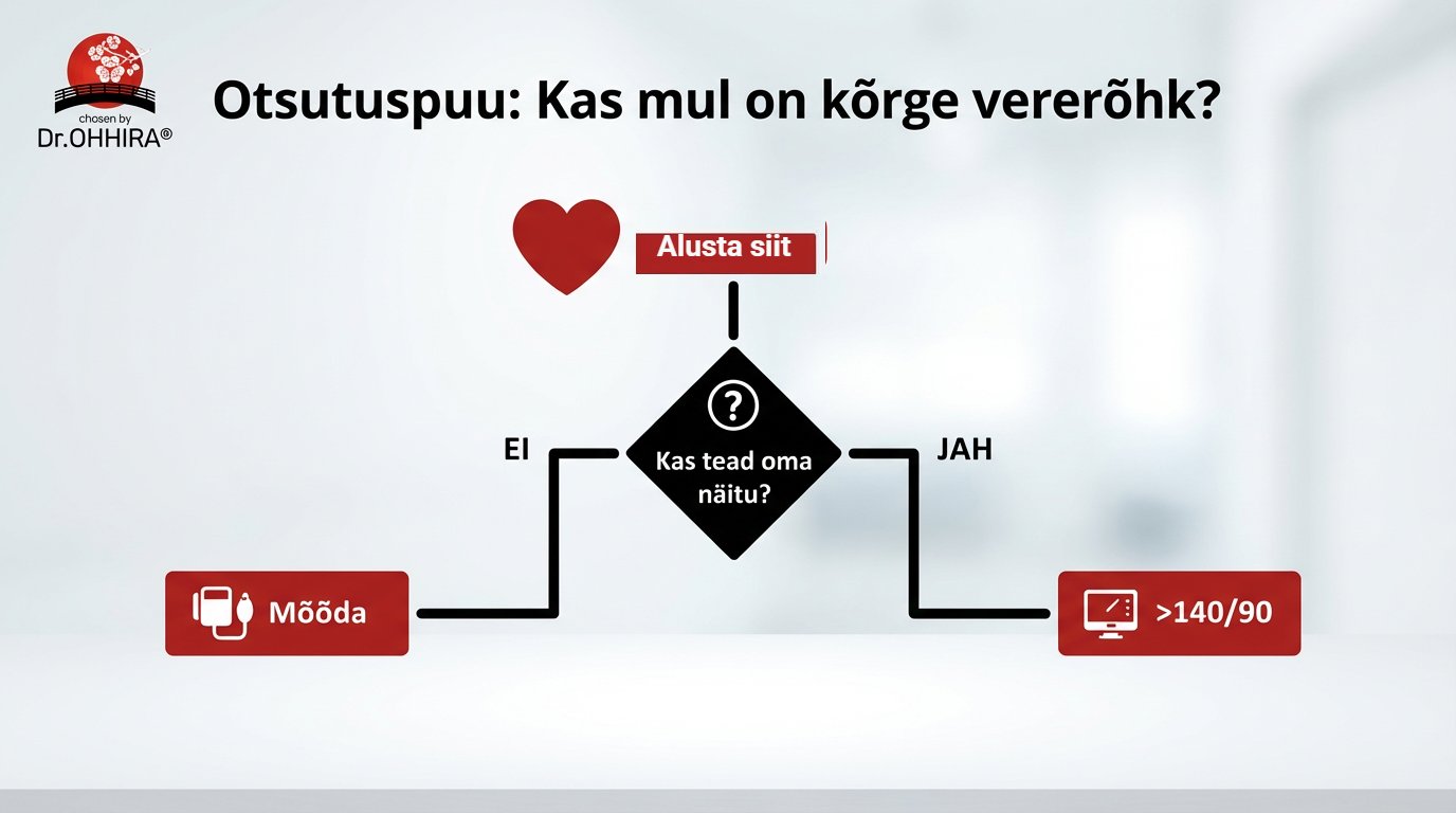 Voolav diagramm vererõhu kontrollimiseks, küsides, kas tead oma näitu ja andes juhiseid.