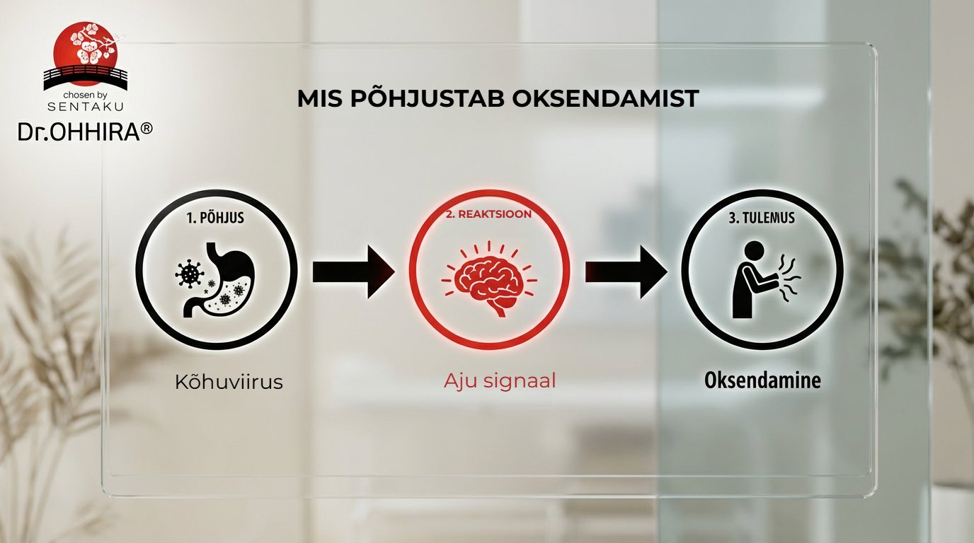 Diagramm selgitab oksendamise põhjuseid: kõhuviirus põhjustab ajusignaali, mis viib oksendamiseni.