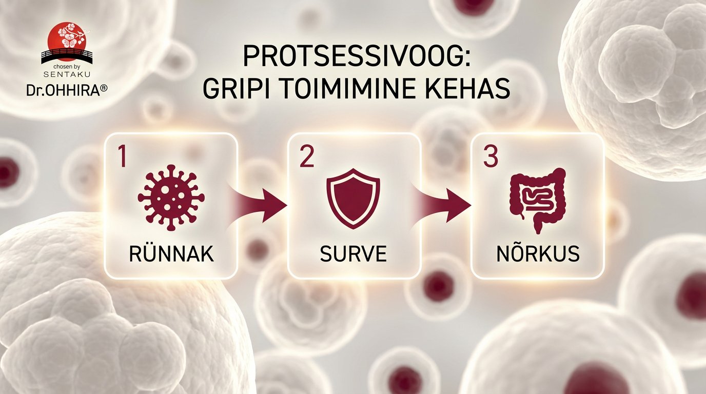 Protsessivoog diagramm näitab gripi kulgu kehas, sümbolitega rünnakust nõrkuseni, Dr.OHHIRA logoga.
