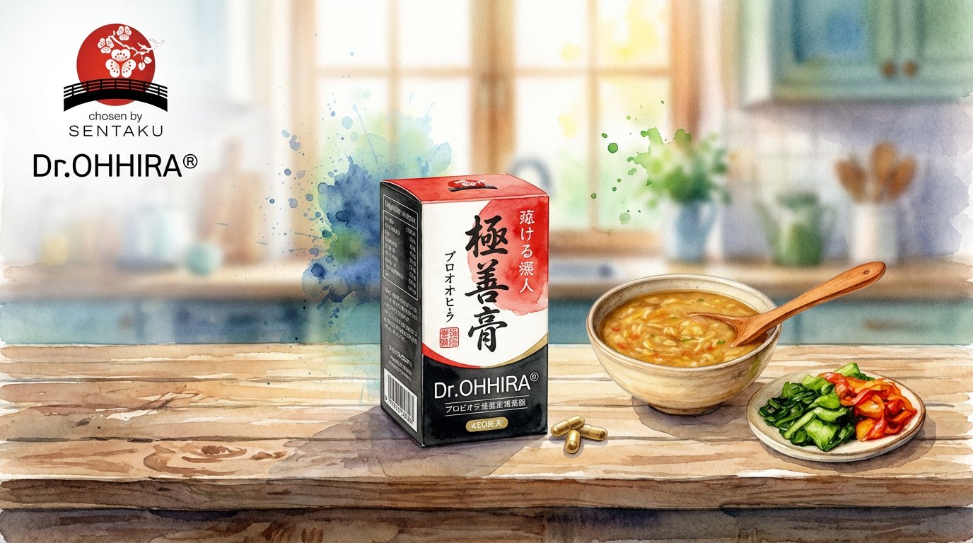 Dr. OHHIRA toidulisandite karp, kapslid, supp ja köögiviljad puidust laual köögis.