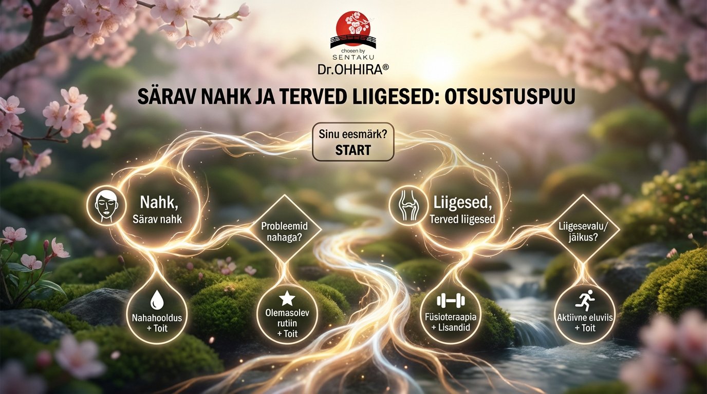 Otsustuspuu Dr. Ohhira logoga, mis juhatab särava naha ja tervete liigeste lahendusteni, Jaapani aia taustal.