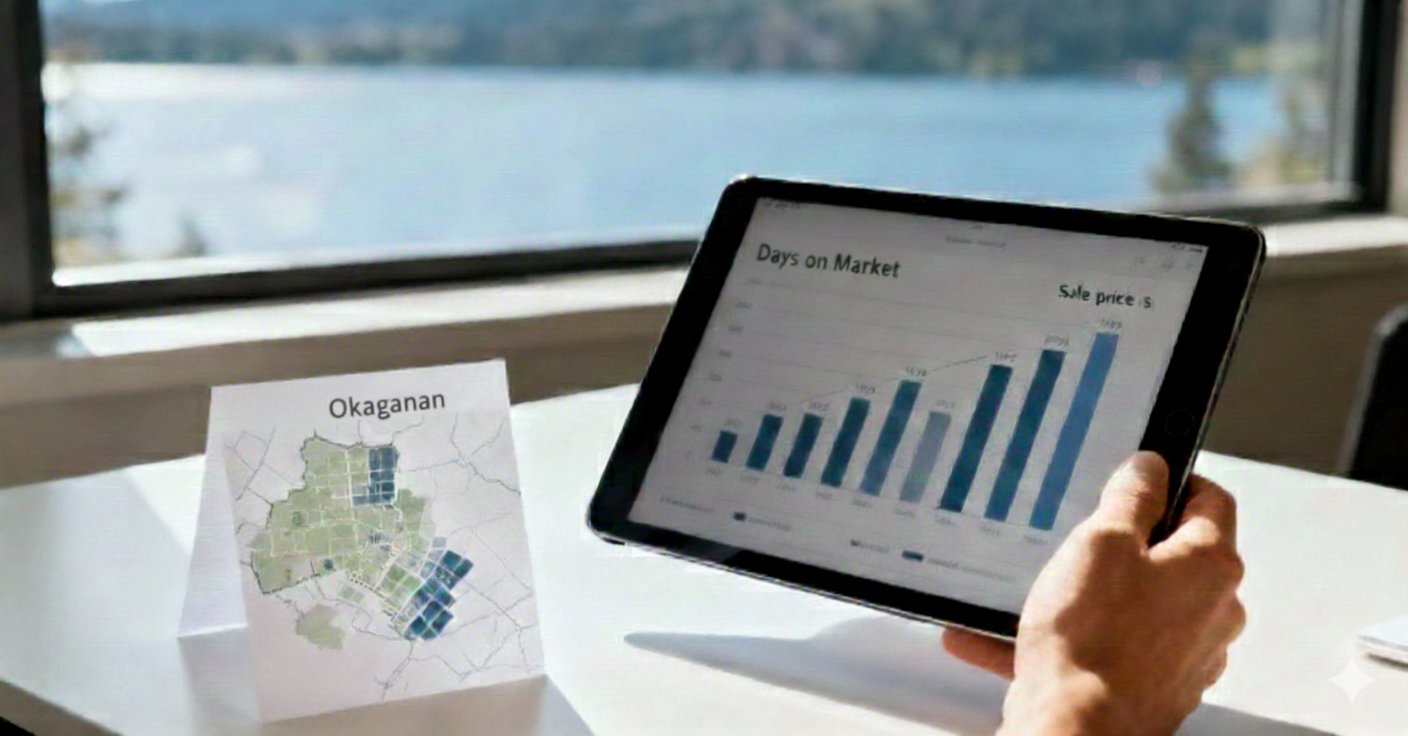 Person holding tablet displaying real estate market data and days on market chart with Okanagan map
