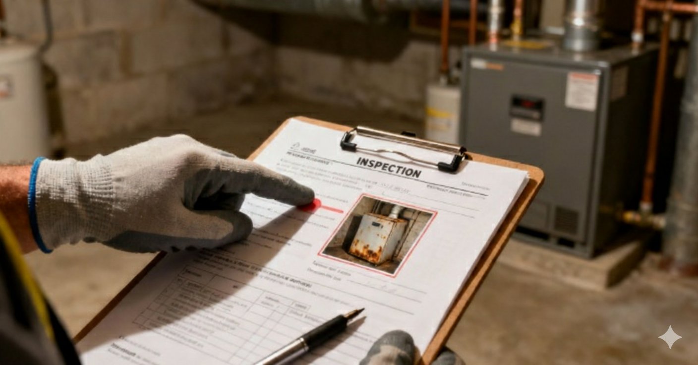 Home inspector reviewing inspection checklist on clipboard in basement near heating system