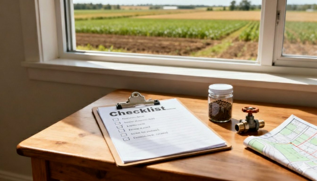 A wooden table by a window overlooks a farm field, with a checklist, soil jar, valve, and map.