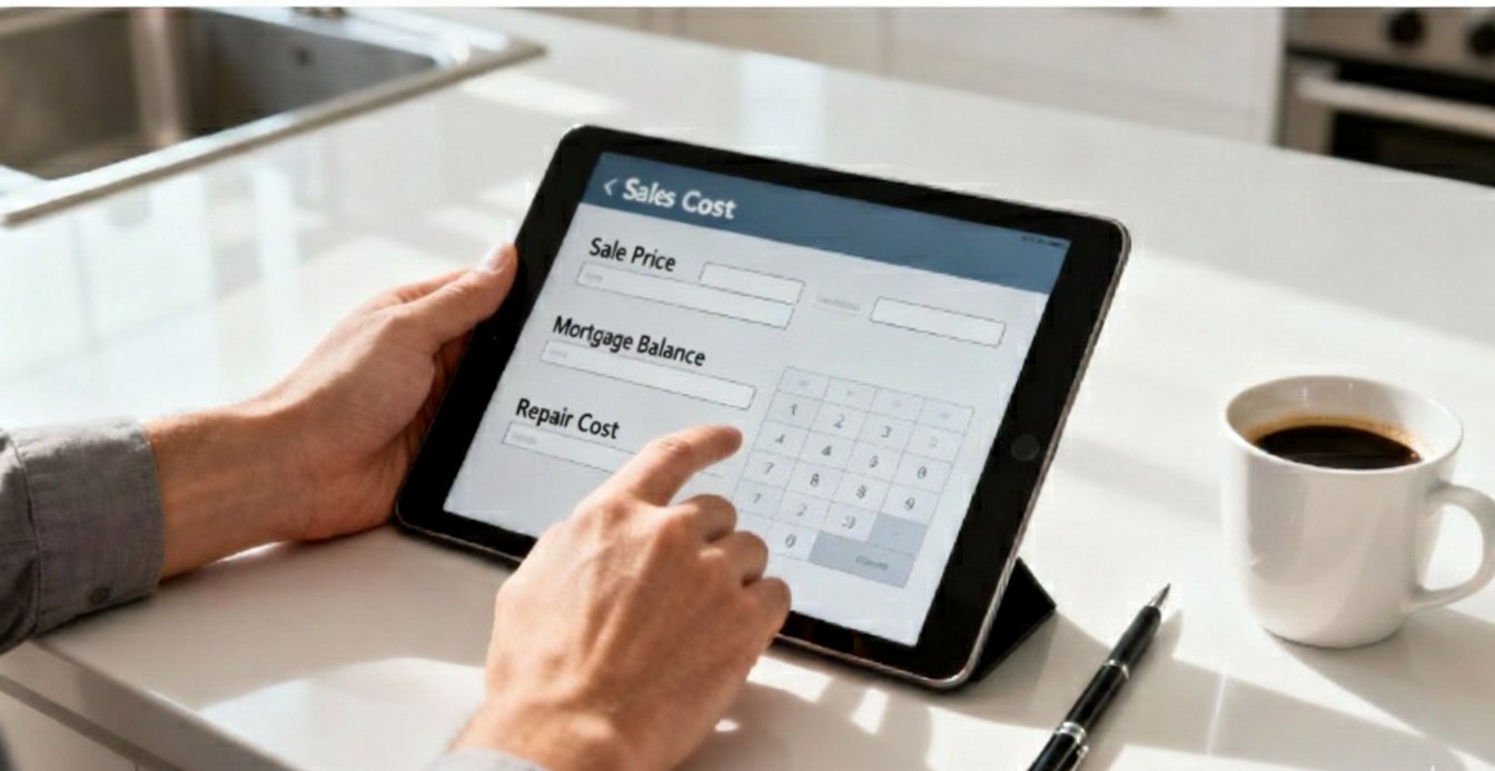 A person uses a tablet app to calculate home selling costs, with fields for sale price and repair cost.