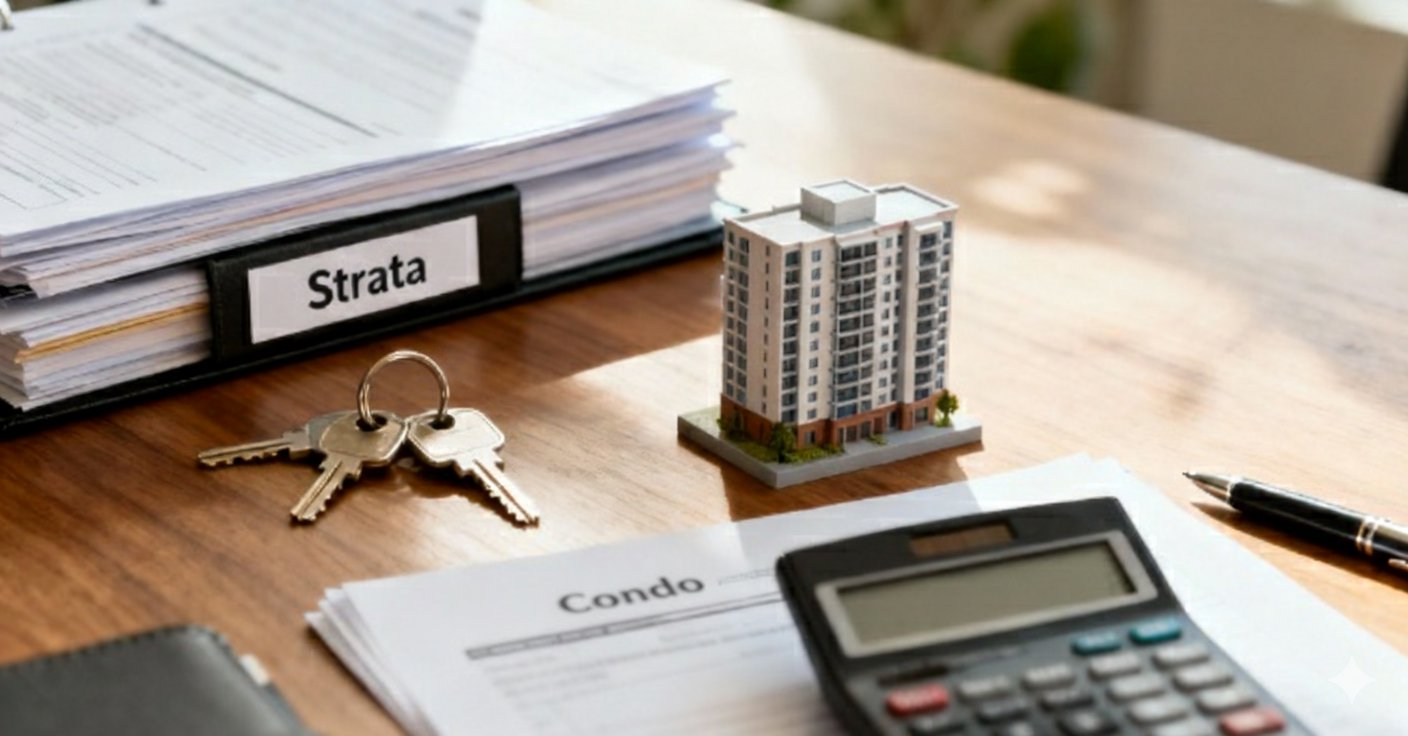 Desk with a Strata binder, keys, condo model, calculator, and 'Condo' document.
