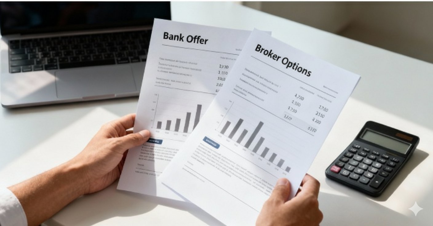 A person compares 'Bank Offer' and 'Broker Options' documents, with a laptop and calculator on a desk.