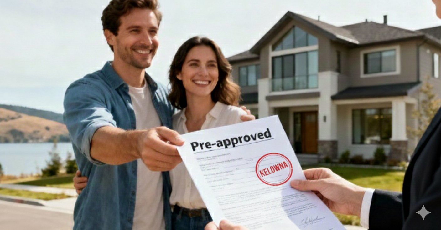 A smiling couple accepts a pre-approved mortgage document from a professional in front of their new house.