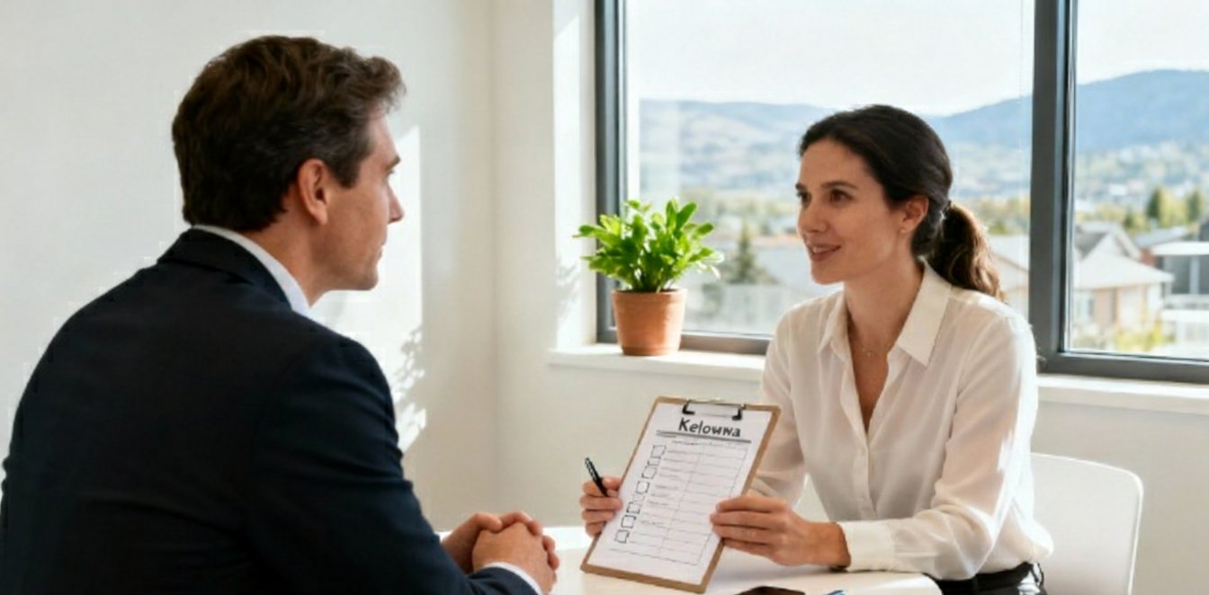A woman consults with a man across a table, holding a clipboard with 'Kelowna' and a checklist.