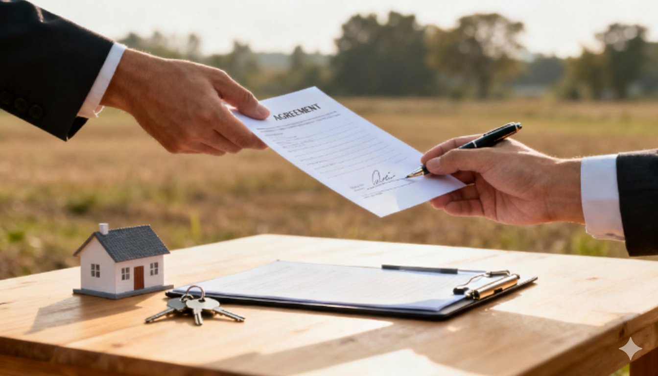 Two hands exchange an 'AGREEMENT' document for a property, with a house model and keys on a table.