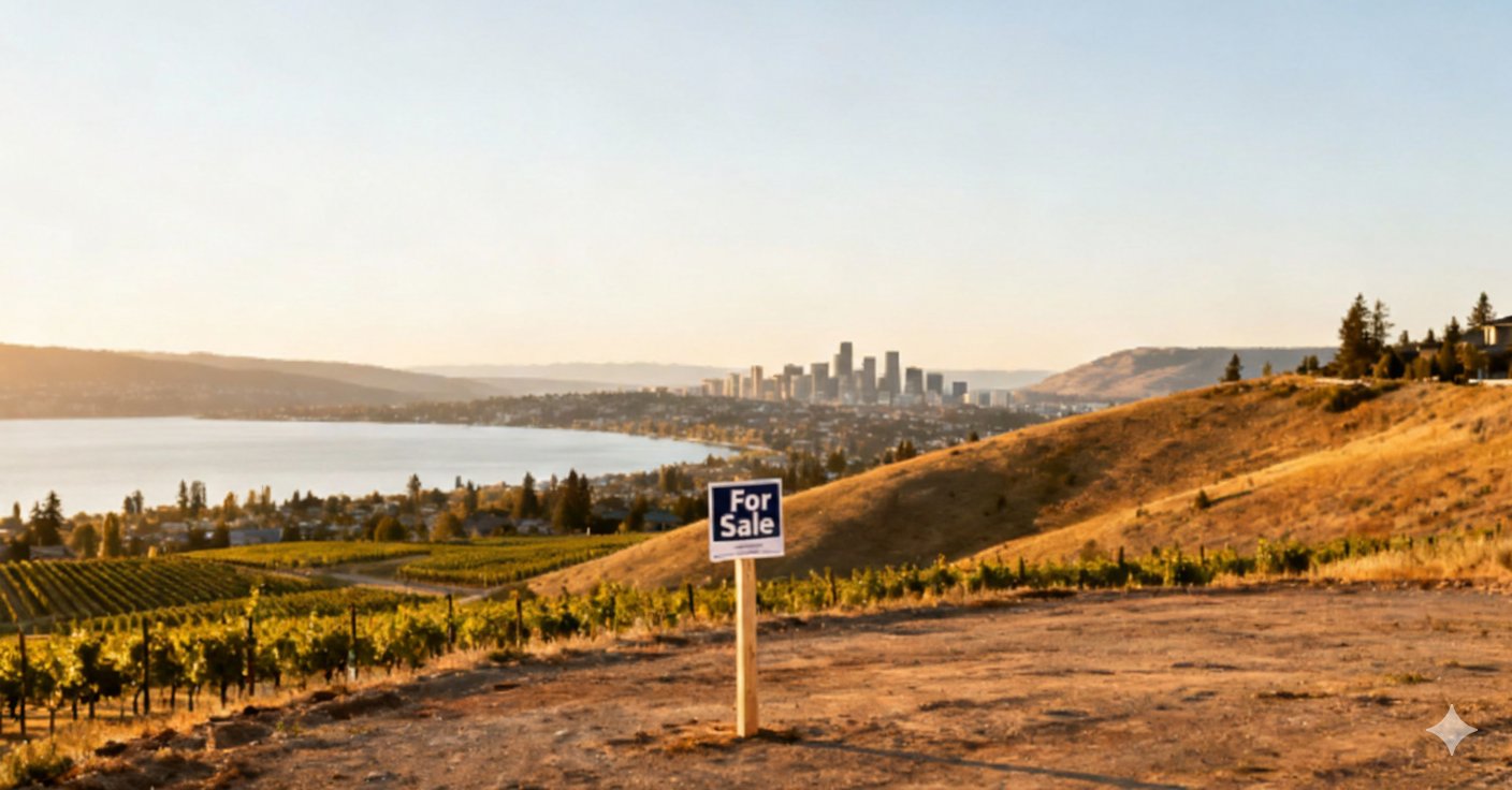 A 'For Sale' sign on a hillside with vineyards, overlooking a city skyline, lake, and mountains at sunset.