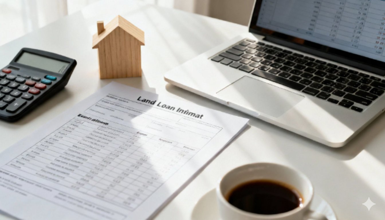 A desk with a calculator, wooden house model, land loan document, laptop, and coffee.