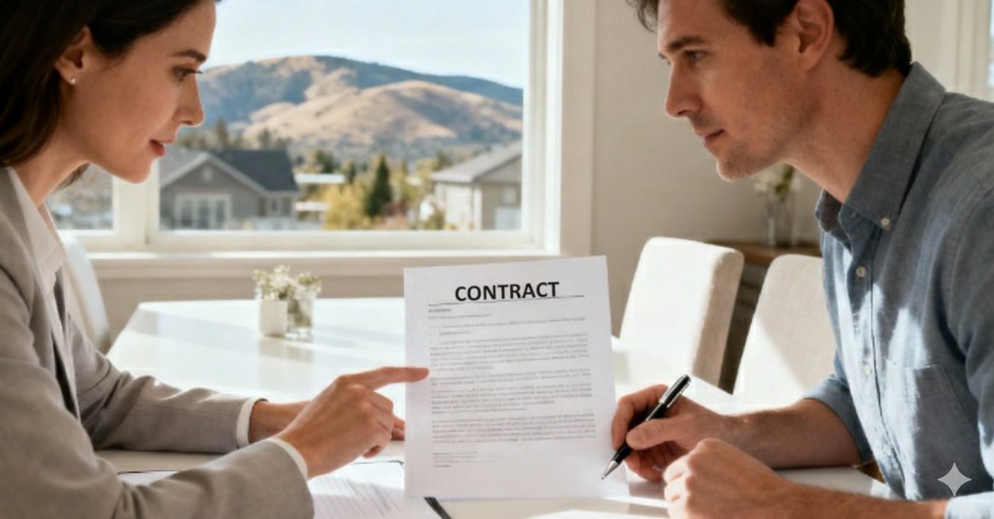 A woman points to a contract for a man holding a pen, in a bright room.