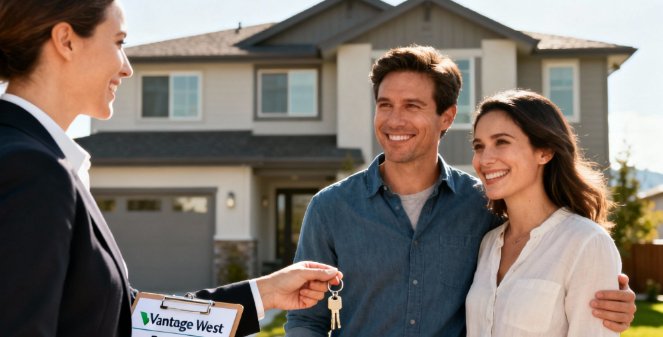 A real estate agent hands house keys to a smiling couple in front of their new home.