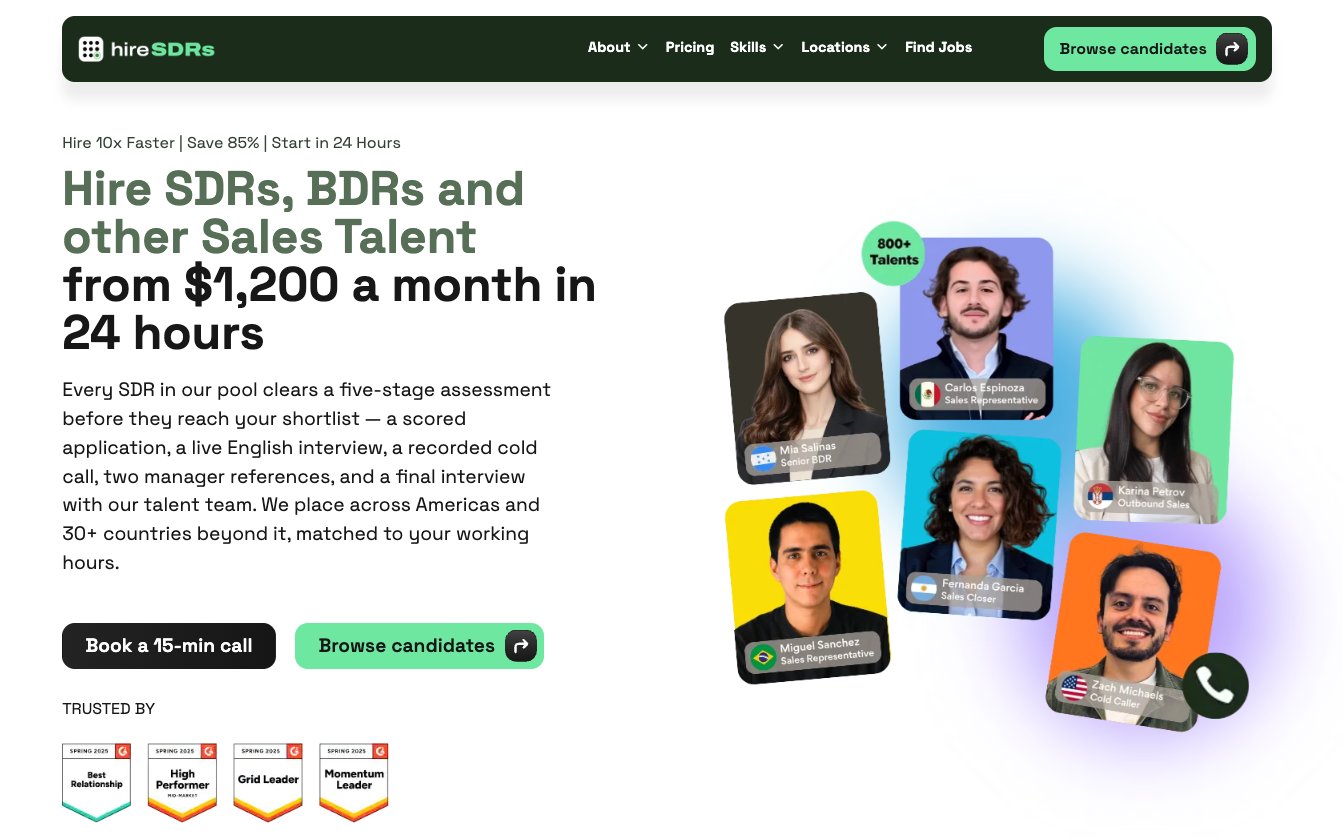 Website for hiring sales talent, featuring diverse SDR and BDR profiles, pricing, and trust badges.