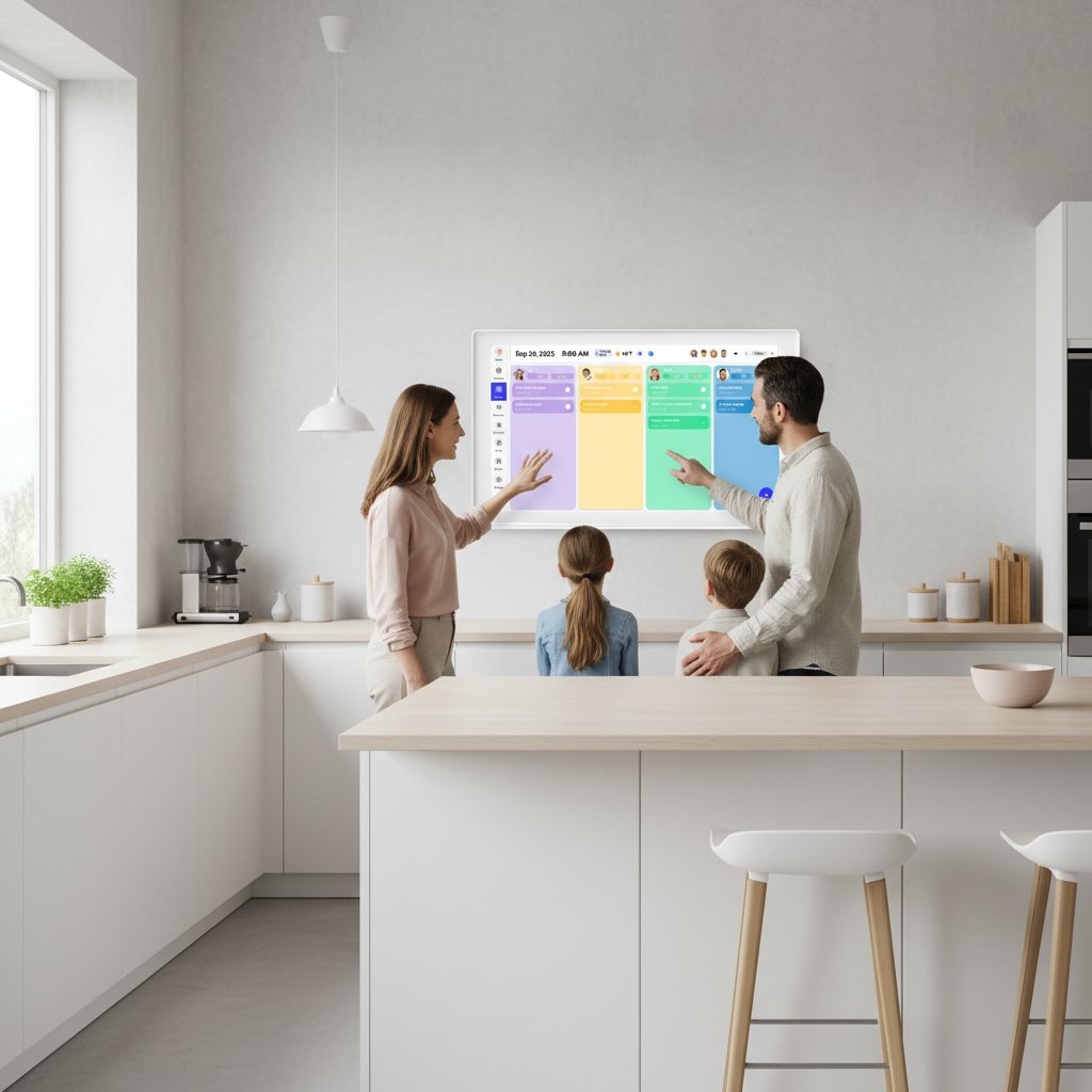 Parents and children in a bright kitchen interacting with everblog calendar.