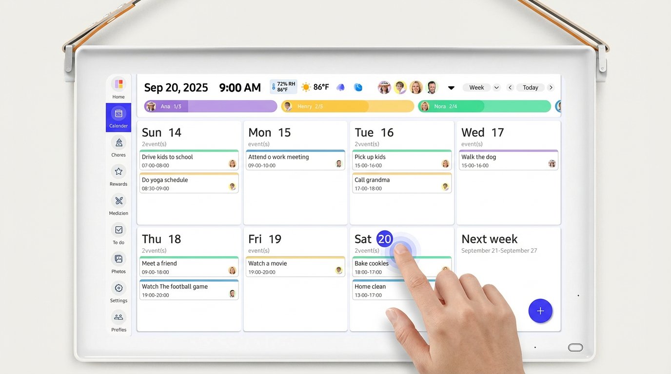 A hand interacts with everblog digital family calendar displaying events for multiple family members.