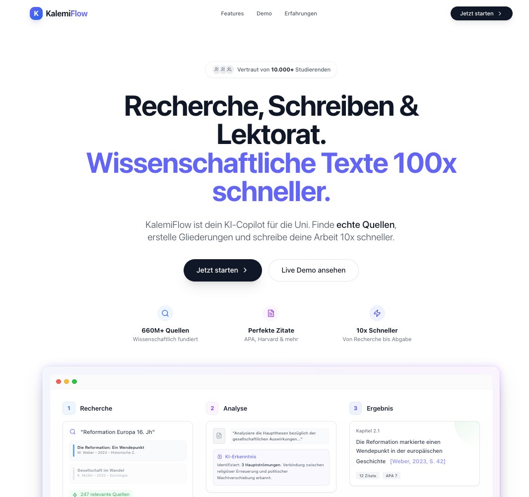 KalemiFlow KI-Copiloten-Website zeigt Funktionen für Forschung, Schreiben und Lektorat wissenschaftlicher Texte für Studierende.