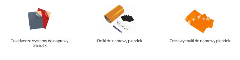 Trzy zestawy do naprawy plandek: pojedyncze arkusze, rolka materiału z narzędziami oraz zestaw multi z łatkami.