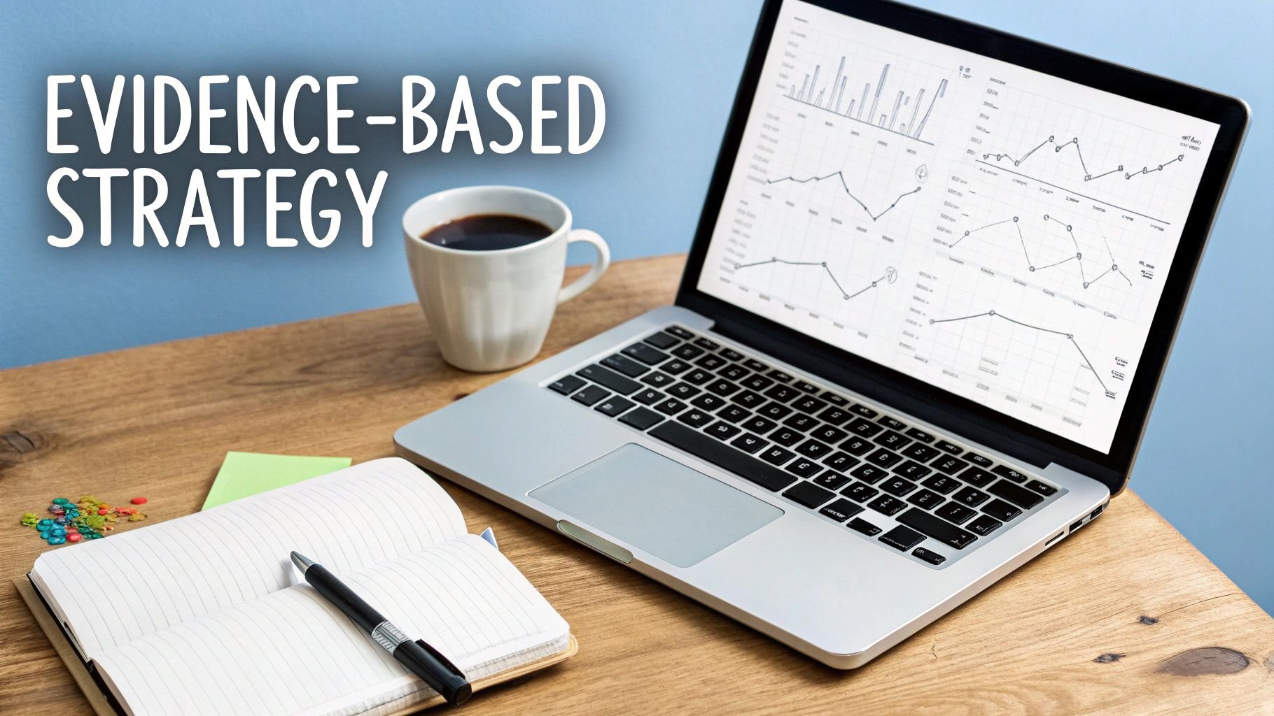 Shot of a laptop with many types of line graphs, with the title, "Evidence-based Strategy".