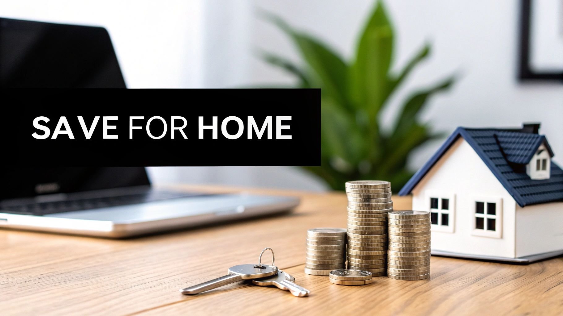 Tiny home figurine with title, "Save For Home".