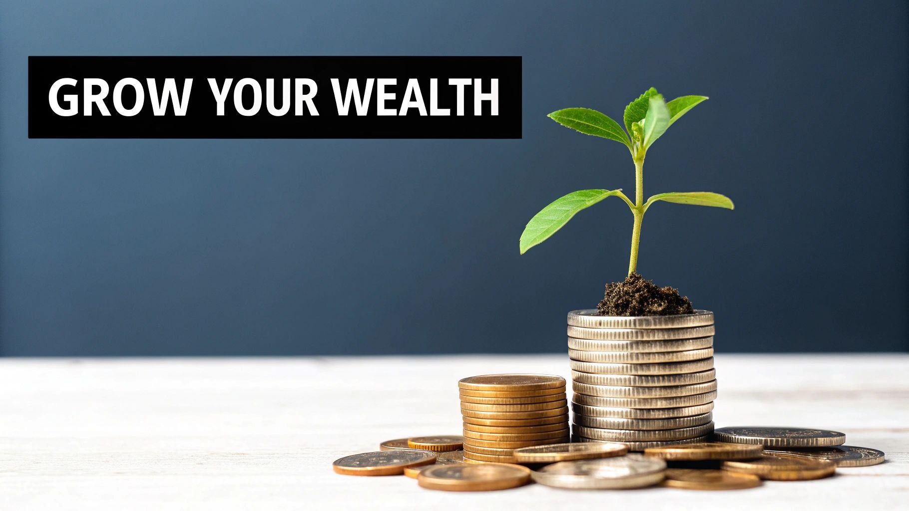 Coins stacking up with the title, "Grow Your Wealth".