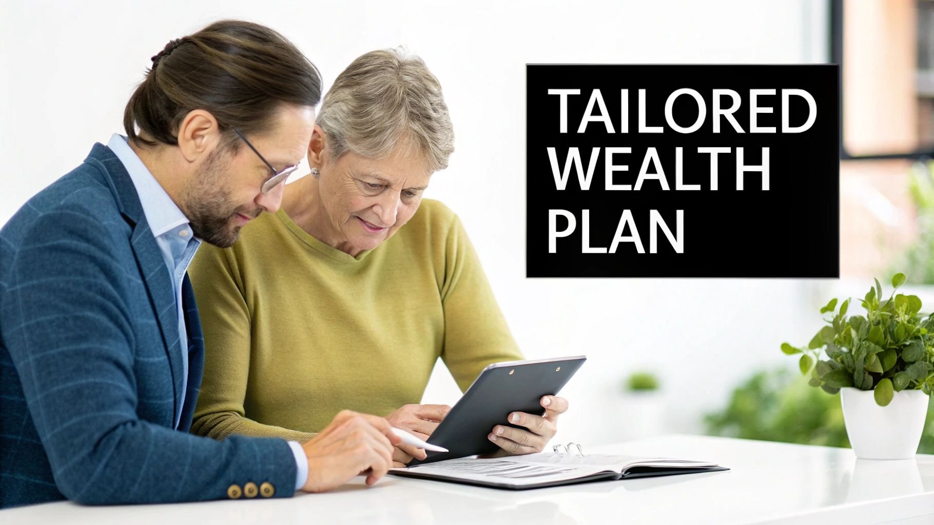 Two people gathered over iPad with title, "Tailored Wealth Plan".