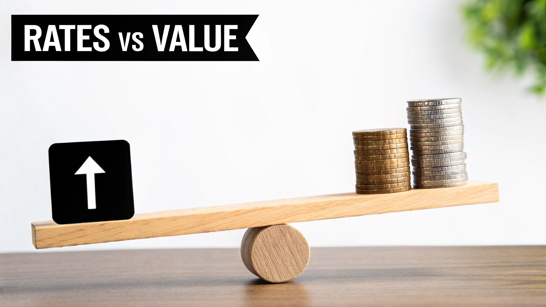 Wooden seesaw balancing rates versus value with upward arrow and stacked coins